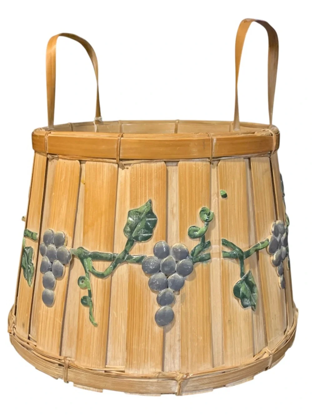 Vintage Bamboo Basket w Raised Gesso Grapevine Double handles Approx 9” T grapes